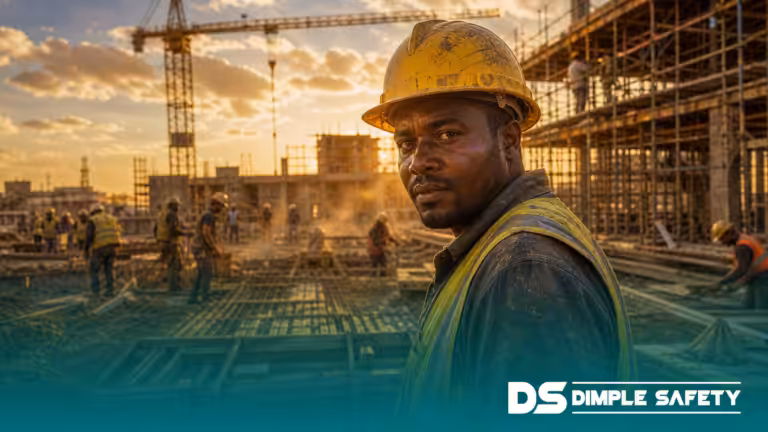 South African construction worker wearing a SANS 1397 compliant yellow hard hat on a building site at golden hour