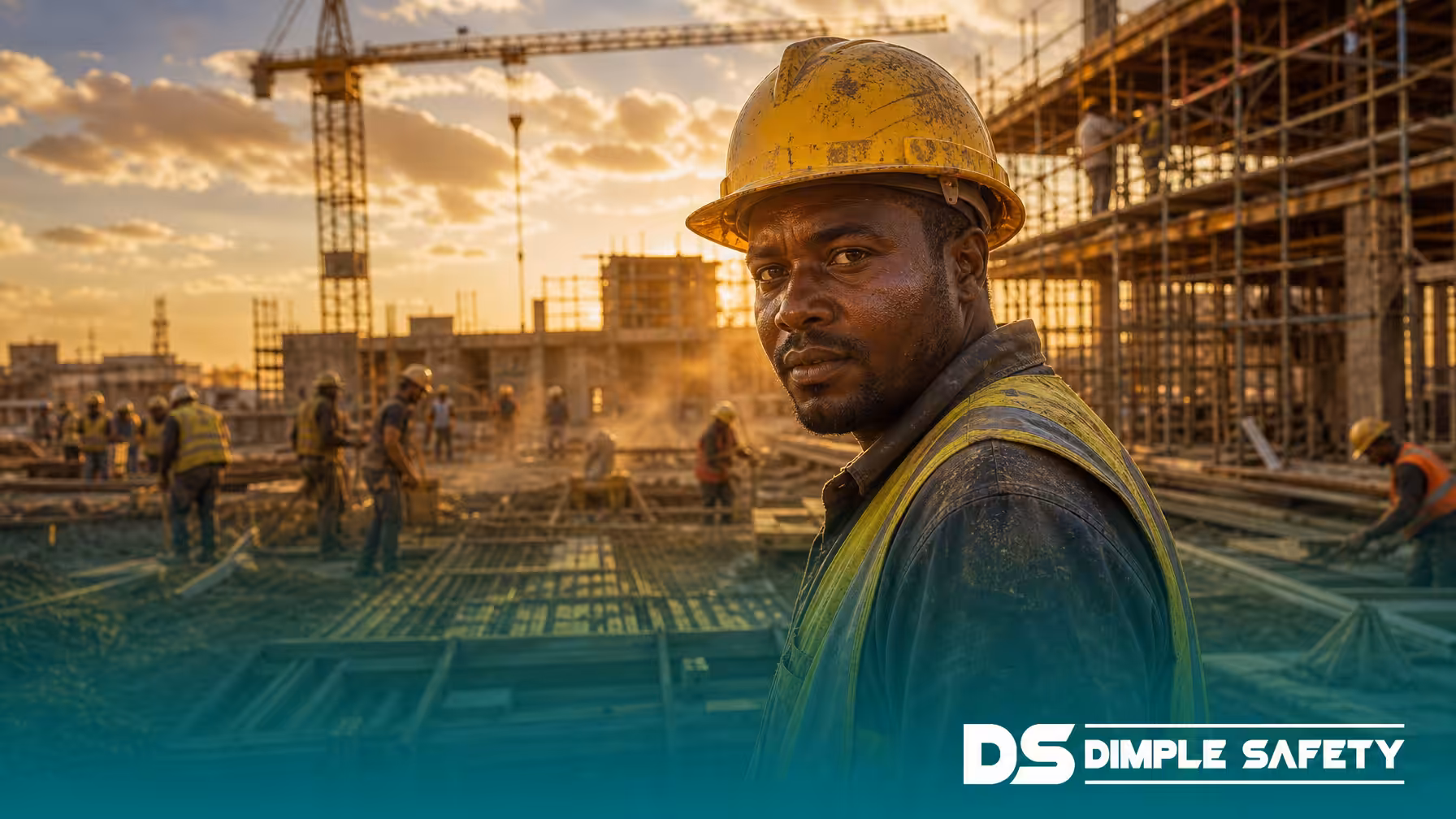 South African construction worker wearing a SANS 1397 compliant yellow hard hat on a building site at golden hour