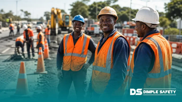 South African road construction workers wearing fluorescent orange hi-vis reflective vests on a road construction site with traffic cones