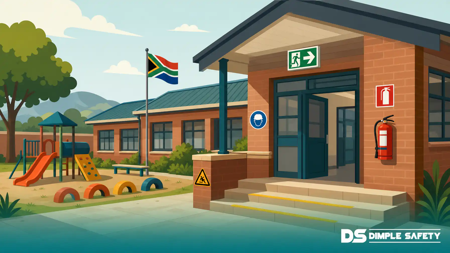 Flat illustration of a South African school building with SANS 1186 safety signs including emergency exit, fire equipment, and warning signs