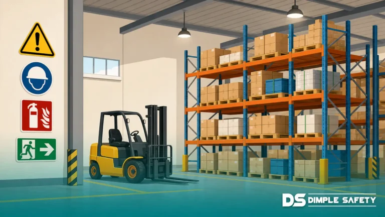 Flat illustration of a South African warehouse interior with SANS 1186 safety signs on the walls including warning, mandatory, and emergency exit signs