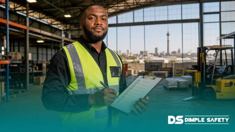South African safety compliance officer holding a checklist clipboard in an industrial warehouse with architecture visible through windows