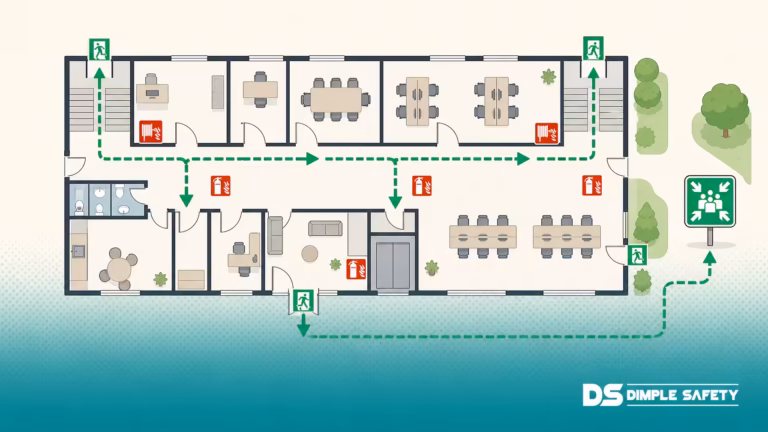 Flat illustration of an emergency evacuation floor plan showing green exit arrows, assembly point sign, and red fire equipment locations in SANS 1186 colours