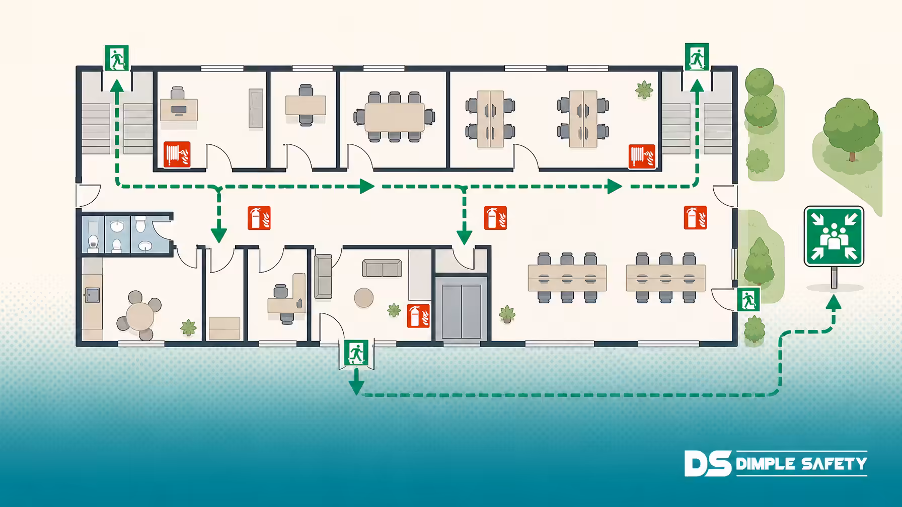 Flat illustration of an emergency evacuation floor plan showing green exit arrows, assembly point sign, and red fire equipment locations in SANS 1186 colours